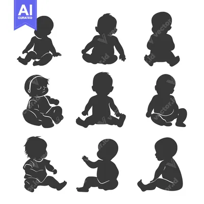 Nine Silhouettes of Babies in Various Sitting Poses