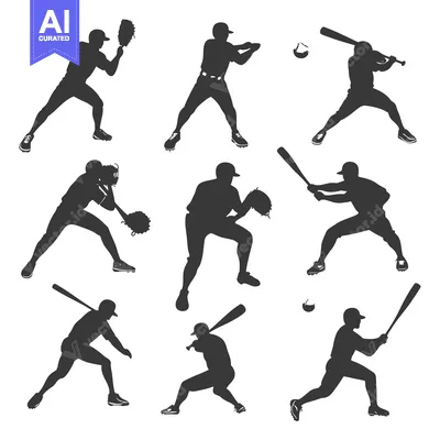 Nine Silhouettes of Baseball Players in Various Poses