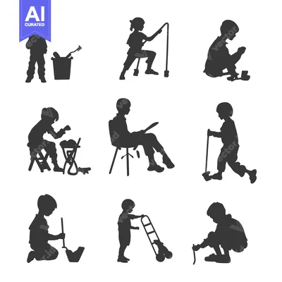 Premium design asset: Nine Silhouettes of Children Engaged in Playful Activities