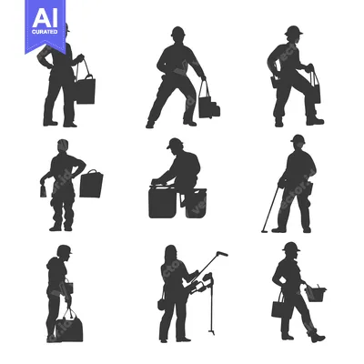 Premium design asset: Nine Silhouettes of Construction Workers with Tools and Equipment