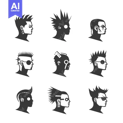 Aset desain premium: Nine Silhouettes of Individuals with Spiky Hairstyles and Facial Featu