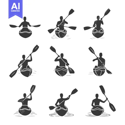 Nine Silhouettes of Kayakers with Paddles in Various Positions