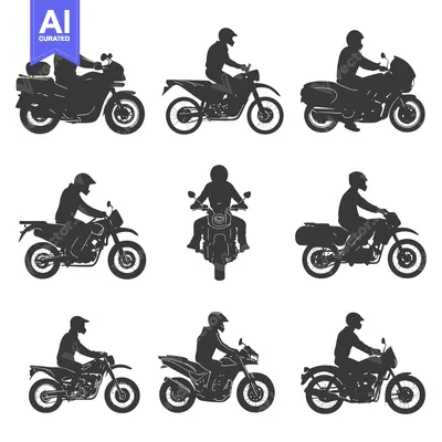 Nine Silhouettes of Motorcycle Riders in Various Poses