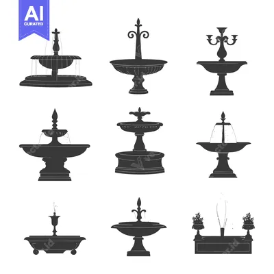 Aset desain premium: Nine Silhouettes of Ornate Fountains and Water Features