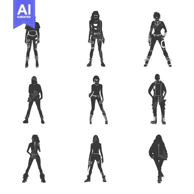 Aset desain premium: Nine Silhouettes of People in Edgy Clothing and Boots