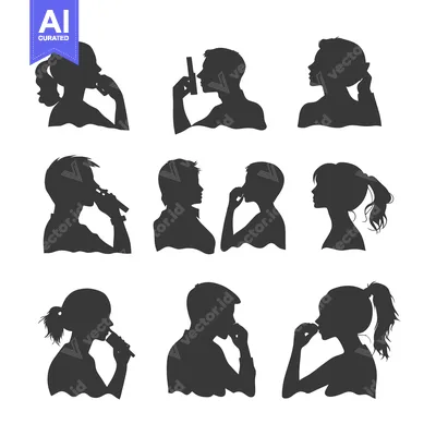 Aset desain premium: Nine Silhouettes of People in Profile, Each Holding a Mobile Phone