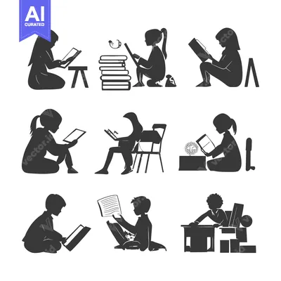 Aset premium populer: Nine Silhouettes of People Reading in Different Positions