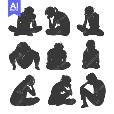 Aset premium populer: Nine Silhouettes of People Sitting in Depressed Poses