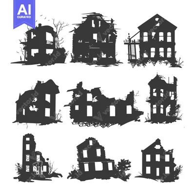 Aset premium populer: Nine Silhouettes of Ruined Buildings with Broken Windows and Overgrown