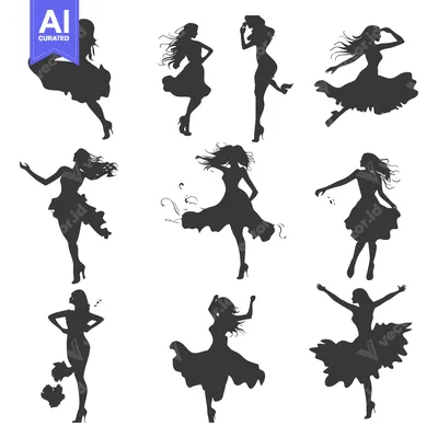 Aset desain premium: Nine Silhouettes of Women in Dresses and Various Poses
