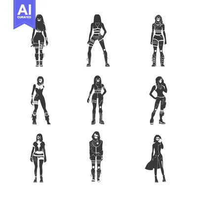 Premium design asset: Nine Silhouettes of Women in Edgy Outfits