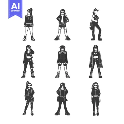 Aset premium populer: Nine Silhouettes of Women in Trendy Outfits with Sunglasses