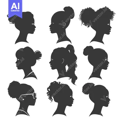 Aset premium populer: Nine Silhouettes of Women's Heads in Profile