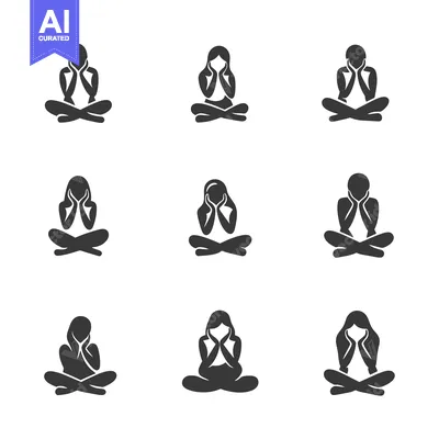 Aset desain premium: Nine Silhouettes of Women Sitting in a Yoga Pose with Hands on Their F
