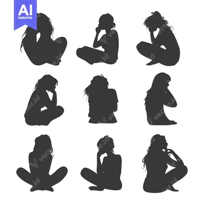 Aset desain premium: Nine Silhouettes of Women Sitting in Various Poses