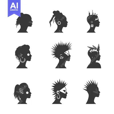 Aset desain premium: Nine Silhouettes of Women's Profiles with Different Hairstyles and Acc