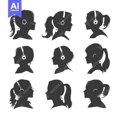 Aset desain premium: Nine Silhouettes of Women Wearing Headphones, Profile View