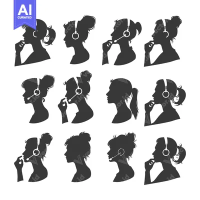 Aset desain premium: Nine Silhouettes of Women Wearing Headsets