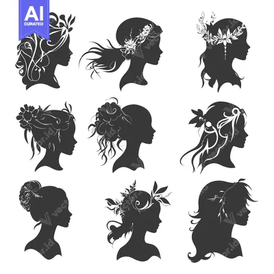 Nine Silhouettes of Women with Floral Headbands