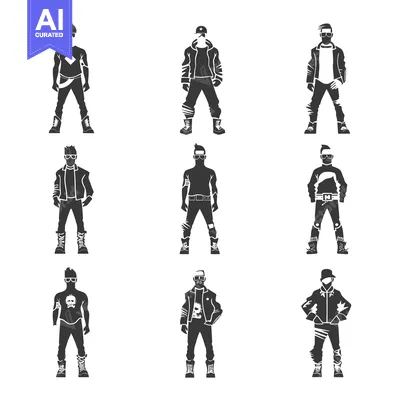 Premium design asset: Nine Silhouettes of Young Men Wearing Casual Streetwear and Accessorie