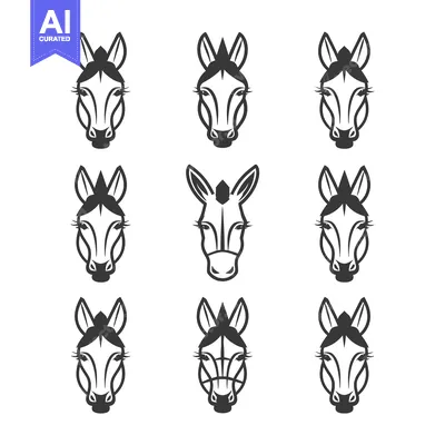 Premium design asset: Nine Simple Black and White Donkey Faces