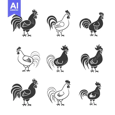 Aset desain premium: Nine Simple Black and White Rooster Illustrations