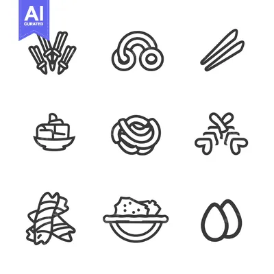 Aset desain premium: Nine Simple Line Drawings of Different Pasta Shapes