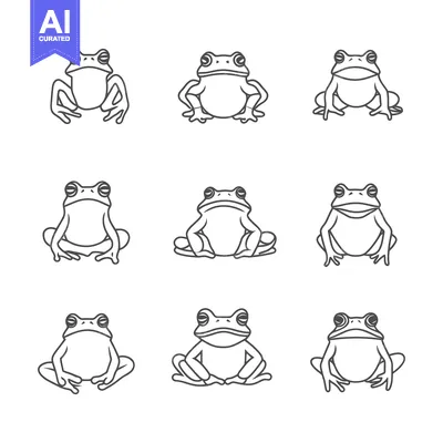 Premium design asset: Nine Simple Line Drawings of Frogs in Various Poses