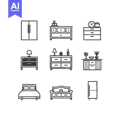 Nine Simple Line Drawings of Furniture Items
