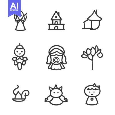 Aset premium populer: Nine Simple Line Drawings of Houses, People, and Nature
