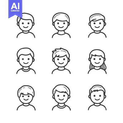 Aset desain premium: Nine Simple Line Drawings of Smiling People with Different Hairstyles