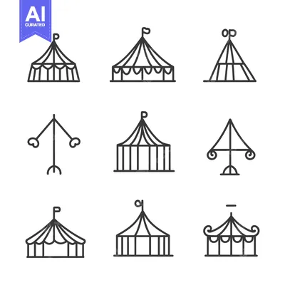 Nine Simple Outline Drawings of Circus Tents and Carnival Rides