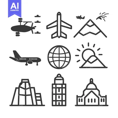 Aset premium populer: Nine Simple Travel Icons of Planes, Mountains, Buildings, and a Globe