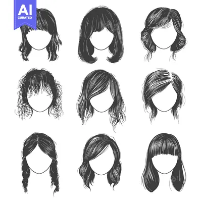 Nine Sketches of Women's Hairstyles with Bangs and Braids