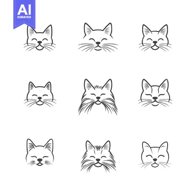 Aset desain premium: Nine Smiling Cat Face Icons with Different Fur and Whiskers