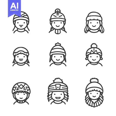 Aset desain premium: Nine Smiling People Wearing Different Winter Hats