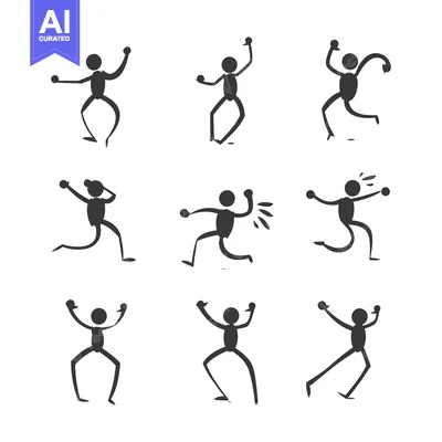 Nine Stick Figure Poses with Different Expressions and Movements
