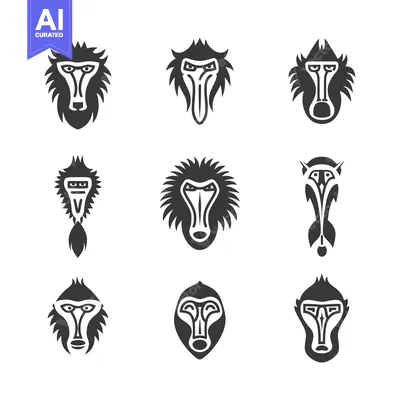 Aset premium populer: Nine Stylized Black and White Baboon Faces