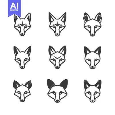 Aset desain premium: Nine stylized black and white fox head illustrations