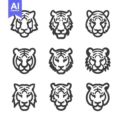 Aset premium populer: Nine stylized black and white tiger head illustrations