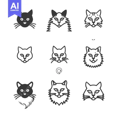 Aset premium populer: Nine Stylized Cat Head Illustrations in Black and White
