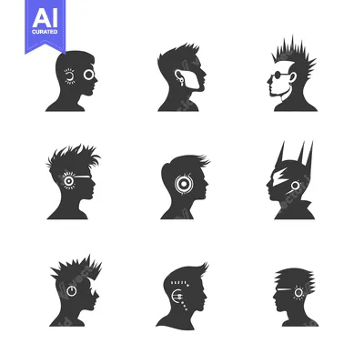 Aset premium populer: Nine Stylized Silhouettes of Male Heads with Various Hairstyles and Fa