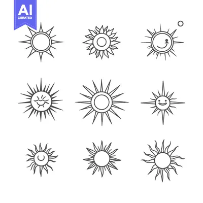 Aset premium populer: Nine Stylized Sun Icons with Different Shapes and Expressions