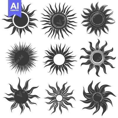 Aset desain premium: Nine Stylized Sun Illustrations with Different Ray Shapes