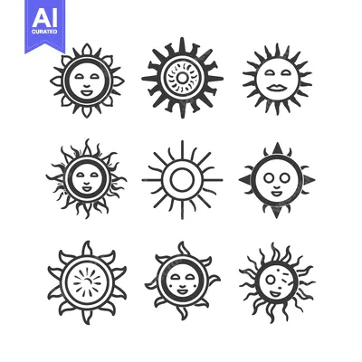 Aset desain premium: Nine Stylized Sun Illustrations with Various Facial Expressions and Ra