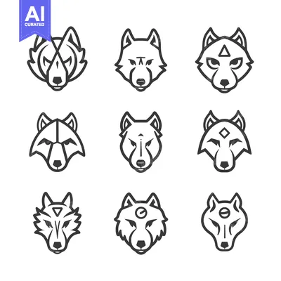 Aset premium populer: Nine Stylized Wolf Head Icons with Geometric Designs