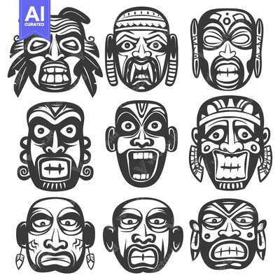 Aset desain premium: Nine Tribal Masks with Unique Designs and Expressions