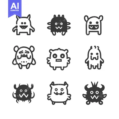 Aset premium populer: Nine Unique Cartoon Monster Icons with Different Expressions