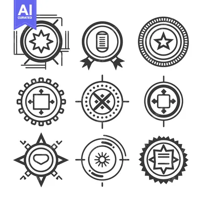 Aset premium populer: Nine Unique Geometric Badge Designs with Star, Diamond, and Line Symbo