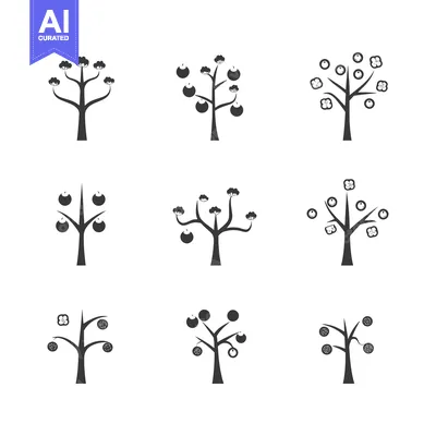 Aset desain premium: Nine Unique Stylized Tree Icons with Different Fruits and Flowers